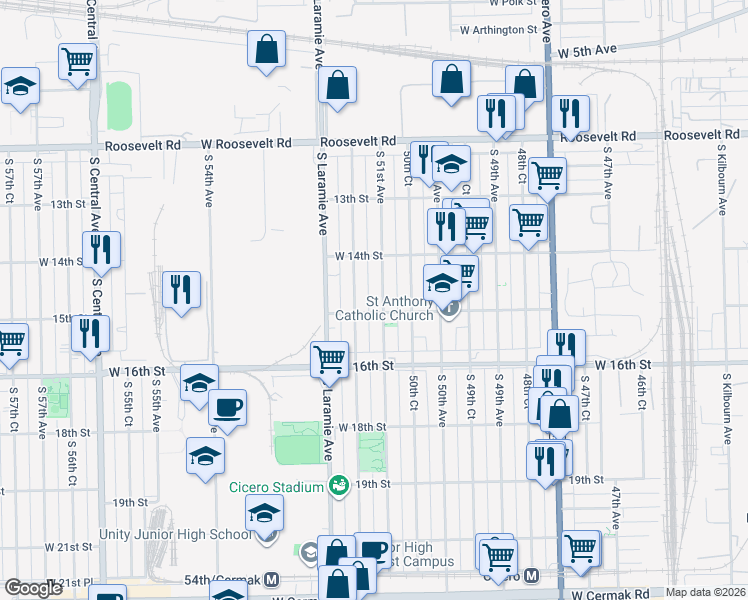 map of restaurants, bars, coffee shops, grocery stores, and more near 1443 South 51st Court in Cicero