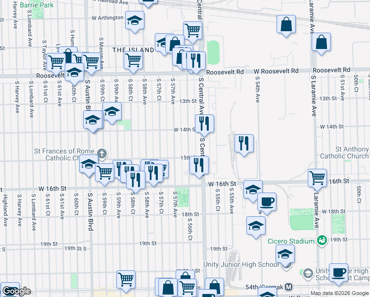 map of restaurants, bars, coffee shops, grocery stores, and more near 1433 South 56th Court in Cicero