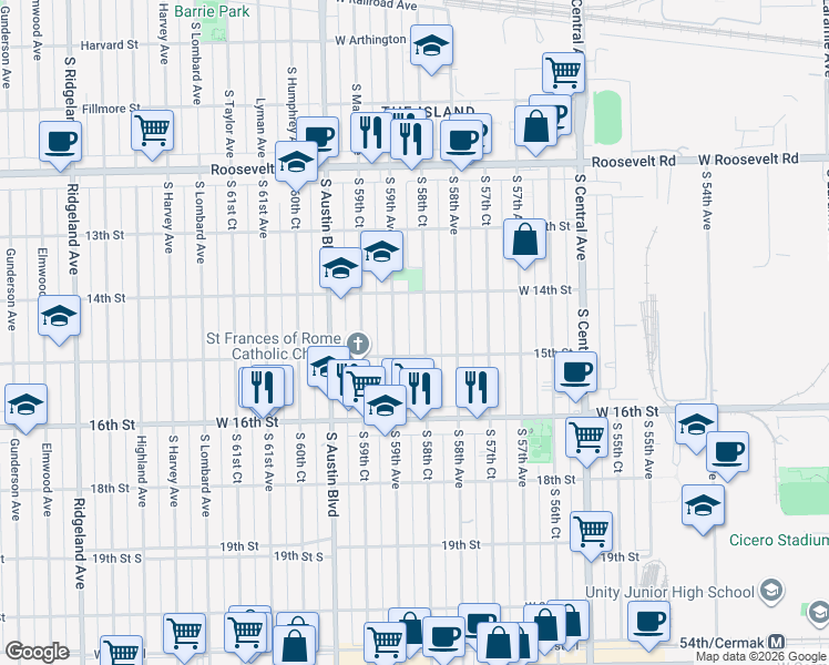 map of restaurants, bars, coffee shops, grocery stores, and more near 1437 South 59th Avenue in Chicago