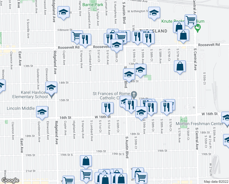 map of restaurants, bars, coffee shops, grocery stores, and more near 1434 South 60th Court in Cicero