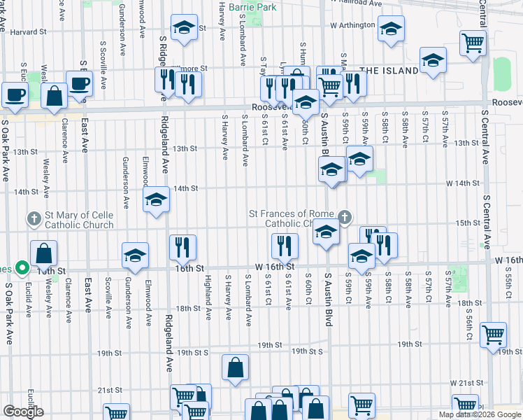 map of restaurants, bars, coffee shops, grocery stores, and more near 1435 South Lombard Avenue in Cicero
