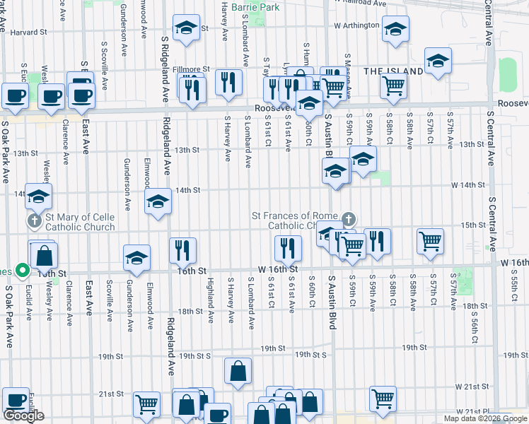 map of restaurants, bars, coffee shops, grocery stores, and more near 1435 South Lombard Avenue in Cicero