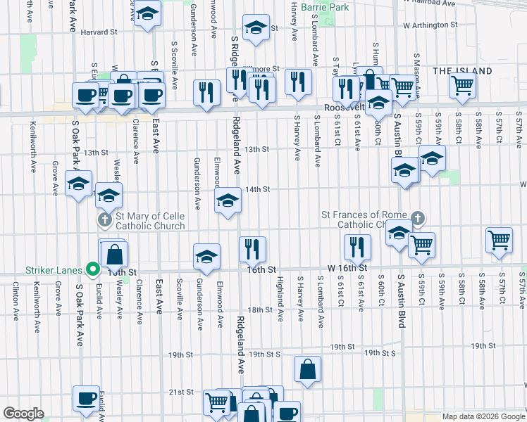 map of restaurants, bars, coffee shops, grocery stores, and more near 1432 Cuyler Avenue in Berwyn
