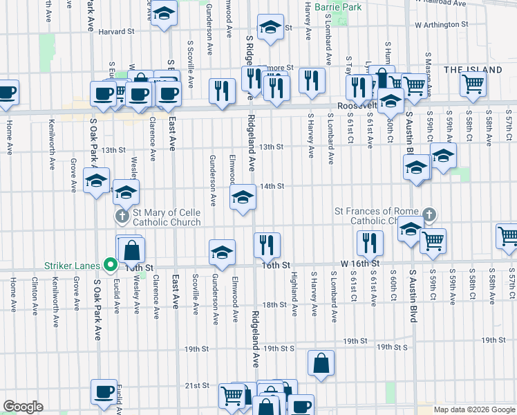 map of restaurants, bars, coffee shops, grocery stores, and more near 1432 Cuyler Avenue in Berwyn