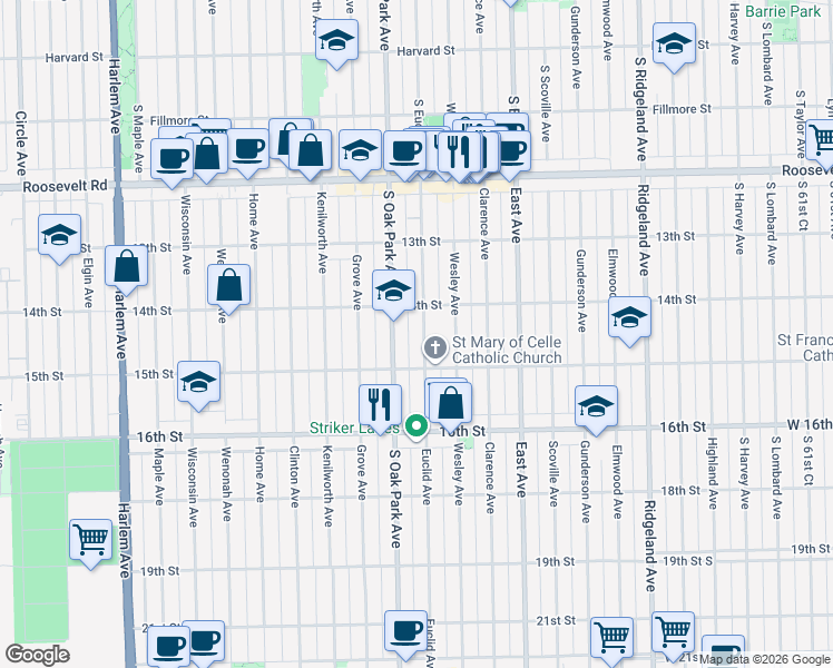 map of restaurants, bars, coffee shops, grocery stores, and more near 1435 Euclid Avenue in Berwyn
