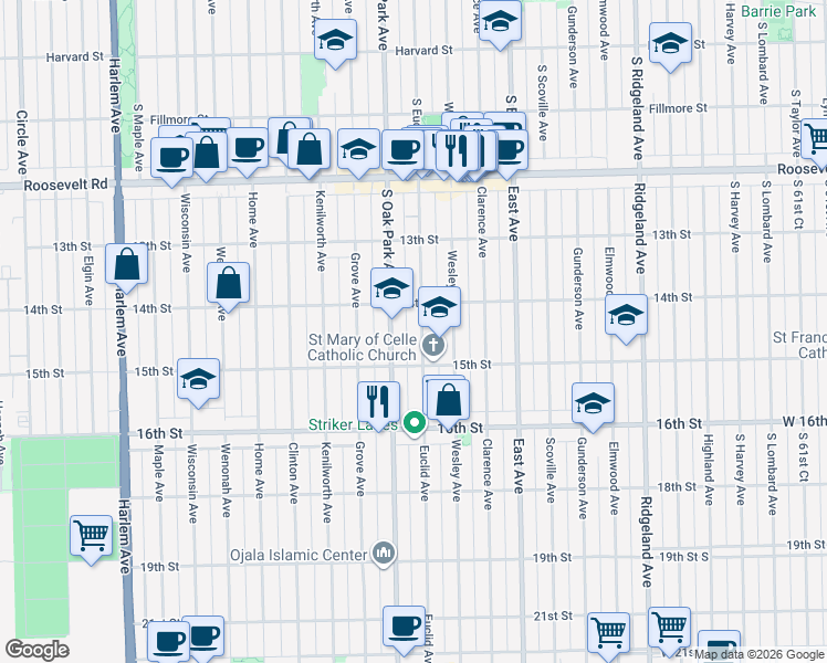 map of restaurants, bars, coffee shops, grocery stores, and more near 1435 Euclid Avenue in Berwyn