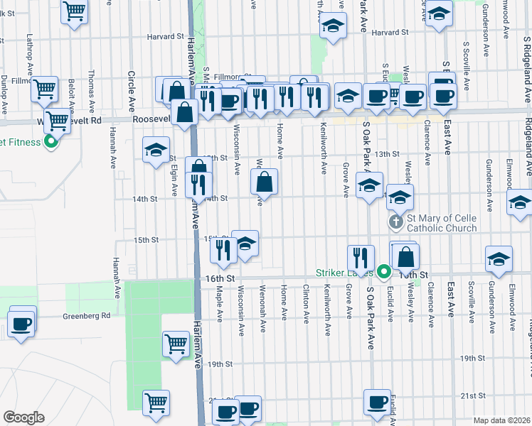 map of restaurants, bars, coffee shops, grocery stores, and more near 1423 Wenonah Avenue in Berwyn