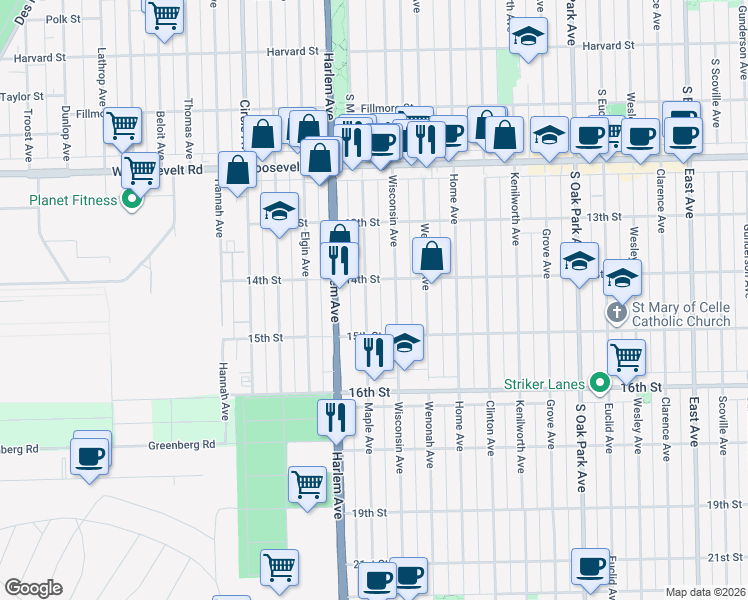 map of restaurants, bars, coffee shops, grocery stores, and more near 1427 Maple Avenue in Berwyn