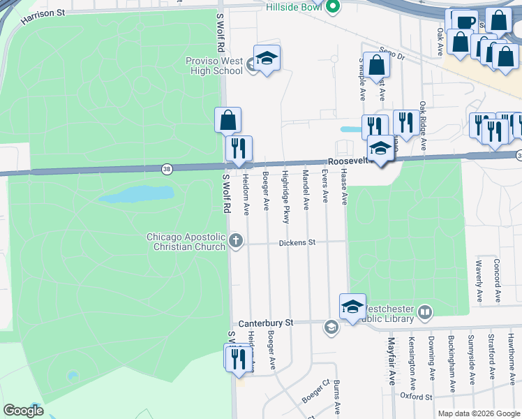 map of restaurants, bars, coffee shops, grocery stores, and more near 1312 Boeger Avenue in Westchester