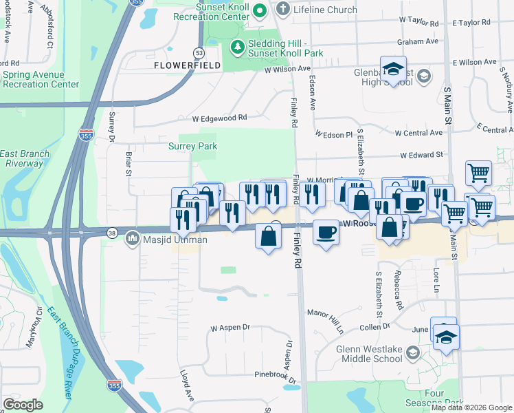 map of restaurants, bars, coffee shops, grocery stores, and more near 12 Saint James Place in Glen Ellyn
