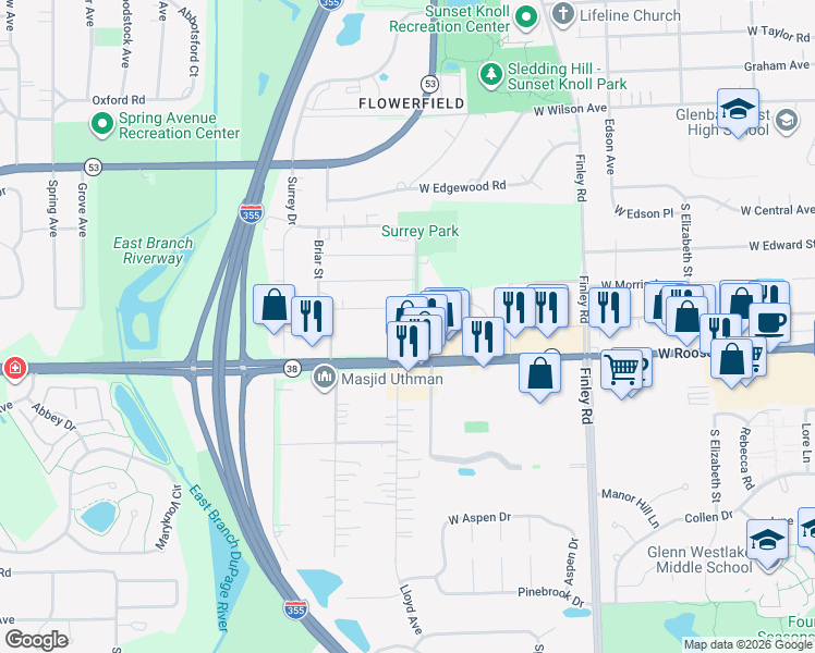 map of restaurants, bars, coffee shops, grocery stores, and more near 27 Surrey Drive in Glen Ellyn