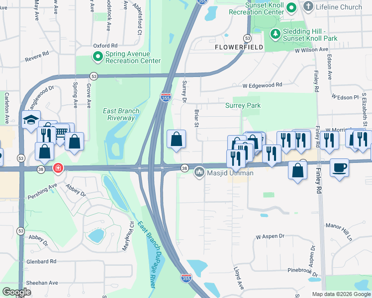 map of restaurants, bars, coffee shops, grocery stores, and more near 20 Briar Street in Glen Ellyn