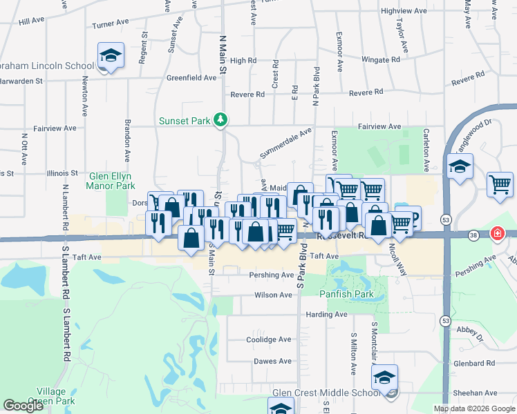 map of restaurants, bars, coffee shops, grocery stores, and more near 20 North Parkside Avenue in Glen Ellyn