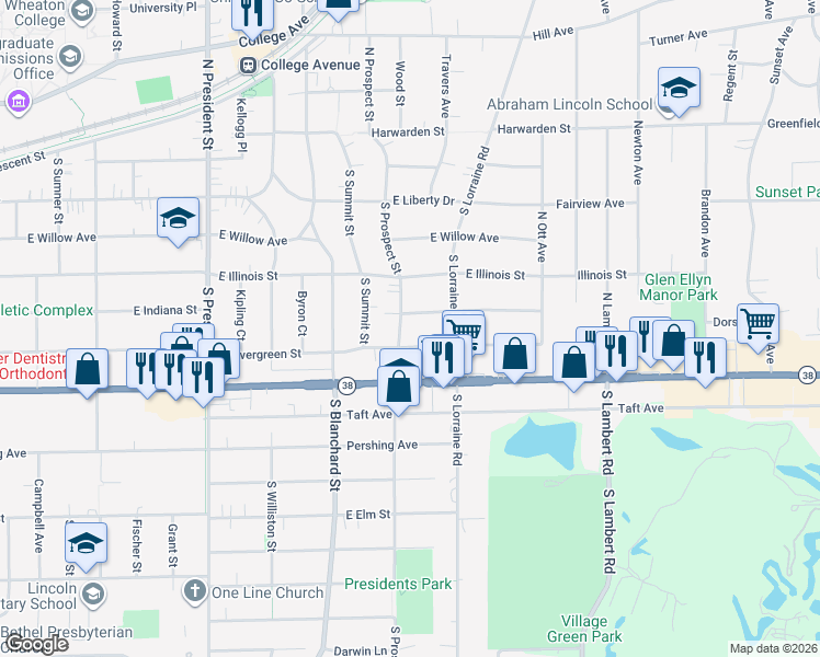 map of restaurants, bars, coffee shops, grocery stores, and more near 522 South Prospect Street in Wheaton