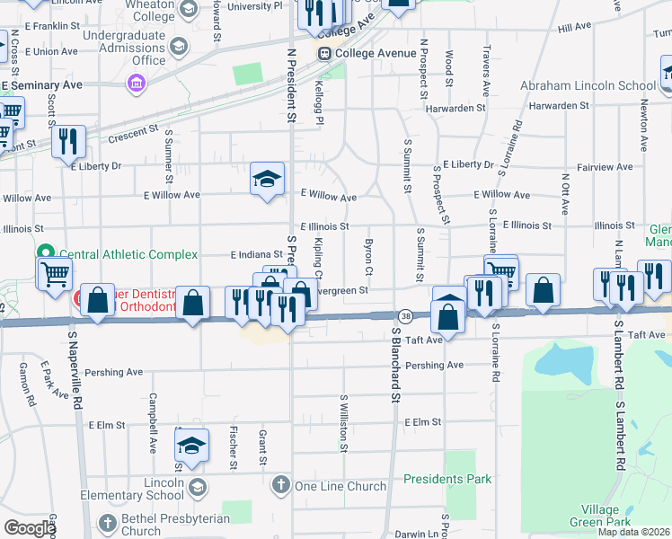 map of restaurants, bars, coffee shops, grocery stores, and more near 523 Kipling Court in Wheaton