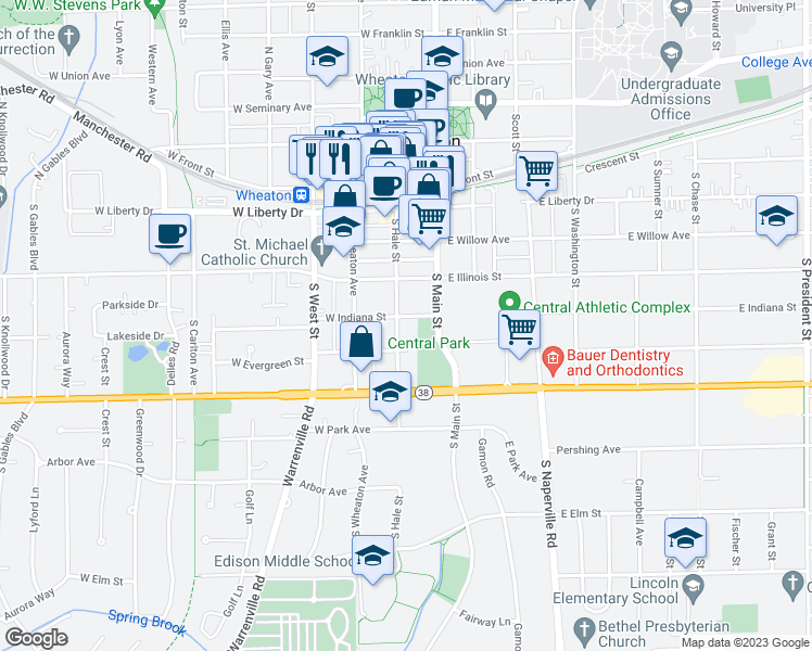 map of restaurants, bars, coffee shops, grocery stores, and more near 512 South Hale Street in Wheaton