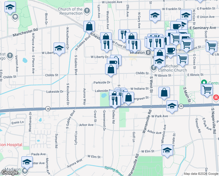map of restaurants, bars, coffee shops, grocery stores, and more near 709 Lakeside Drive in Wheaton