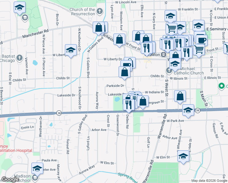 map of restaurants, bars, coffee shops, grocery stores, and more near 821 Lakeside Drive in Wheaton
