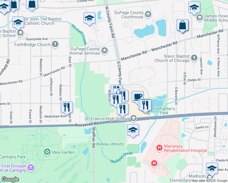 map of restaurants, bars, coffee shops, grocery stores, and more near 460 South County Farm Road in Wheaton