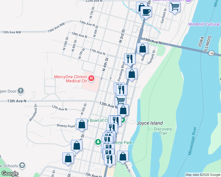 map of restaurants, bars, coffee shops, grocery stores, and more near 1410 Pershing Boulevard in Clinton