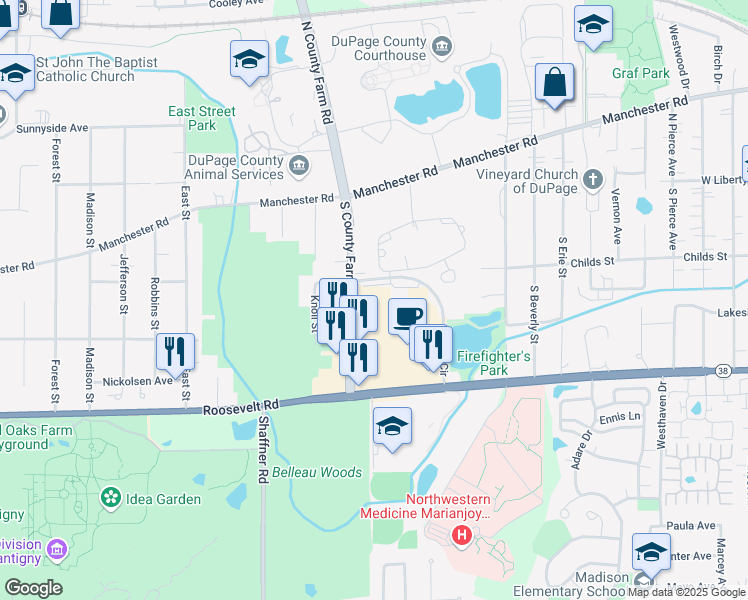 map of restaurants, bars, coffee shops, grocery stores, and more near 401 South County Farm Road in Wheaton