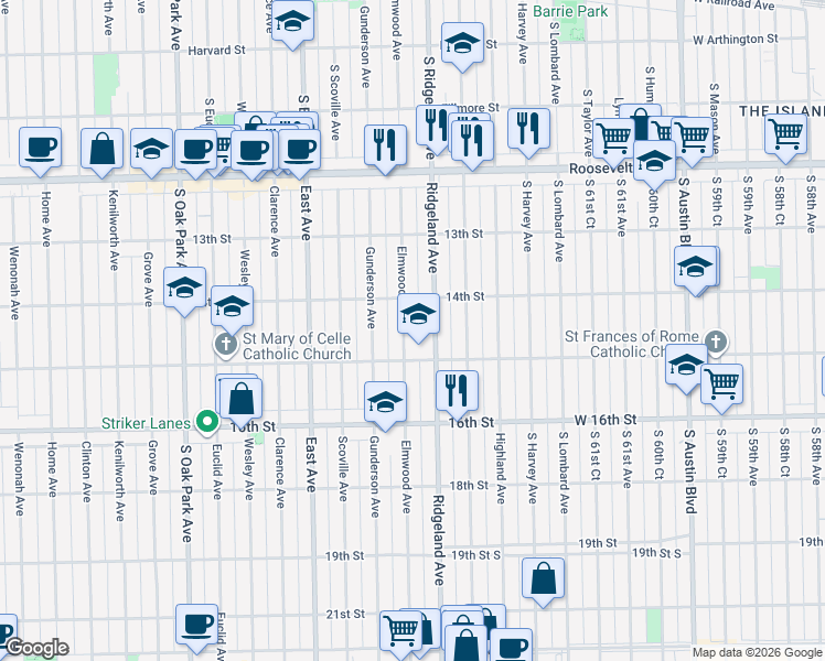 map of restaurants, bars, coffee shops, grocery stores, and more near 1430 Elmwood Avenue in Berwyn