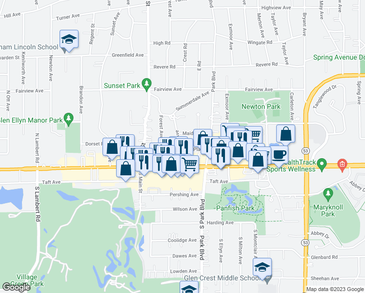 map of restaurants, bars, coffee shops, grocery stores, and more near 37 North Parkside Avenue in Glen Ellyn