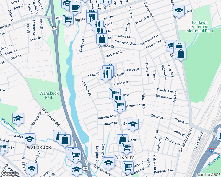 map of restaurants, bars, coffee shops, grocery stores, and more near 868 Charles Street in North Providence