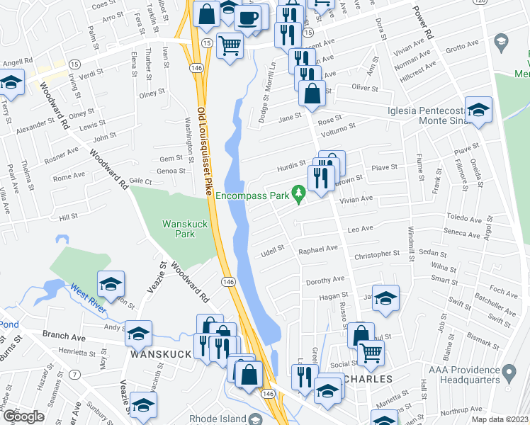 map of restaurants, bars, coffee shops, grocery stores, and more near 60 Hurdis Street in Providence