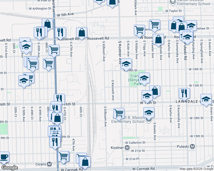 map of restaurants, bars, coffee shops, grocery stores, and more near 4440 West 15th Street in Chicago