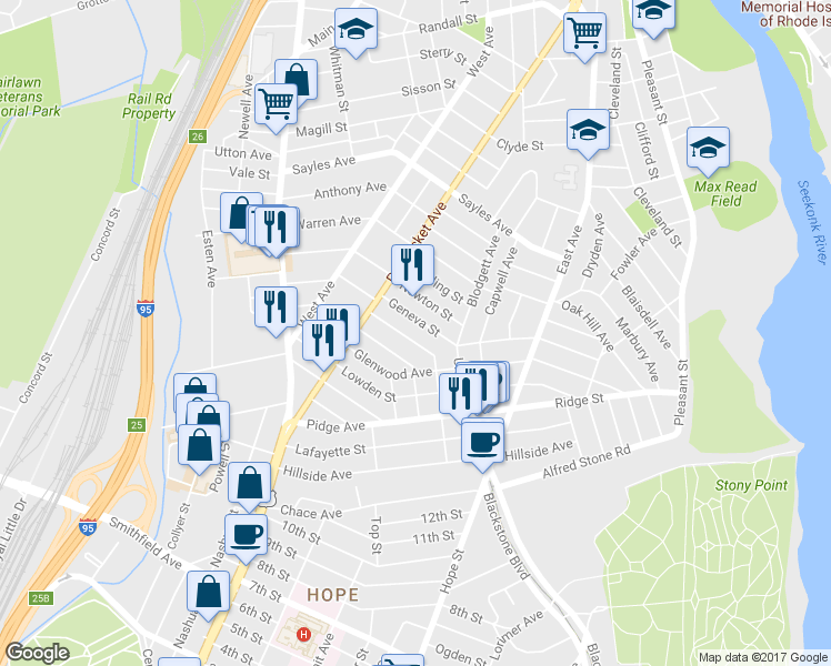 map of restaurants, bars, coffee shops, grocery stores, and more near 100 Dartmouth Street in Pawtucket