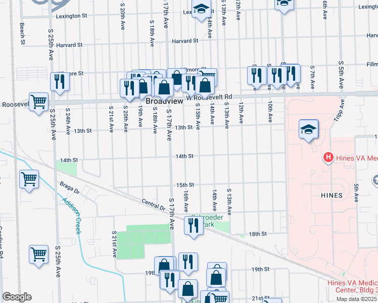 map of restaurants, bars, coffee shops, grocery stores, and more near 2344 16th Avenue in Broadview