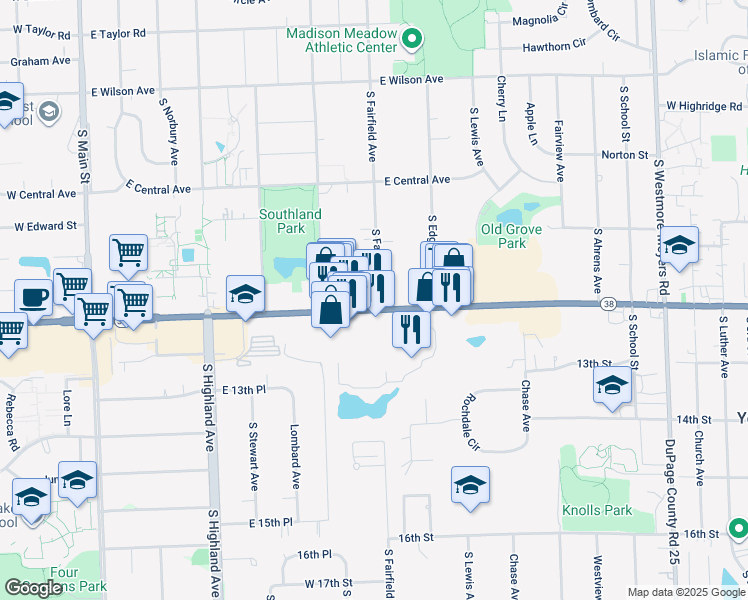map of restaurants, bars, coffee shops, grocery stores, and more near 1189-1199 South Fairfield Avenue in Lombard