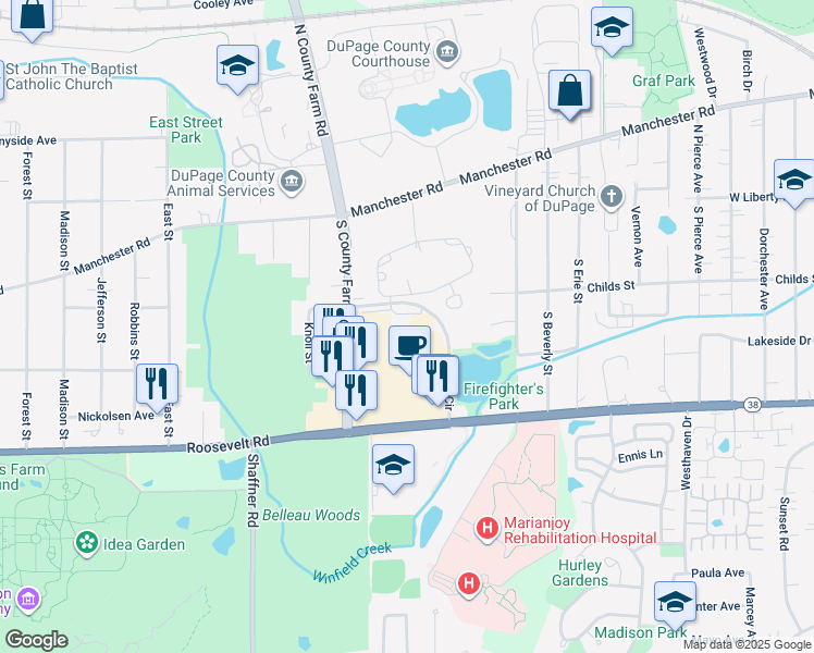 map of restaurants, bars, coffee shops, grocery stores, and more near 501 South County Farm Road in Wheaton