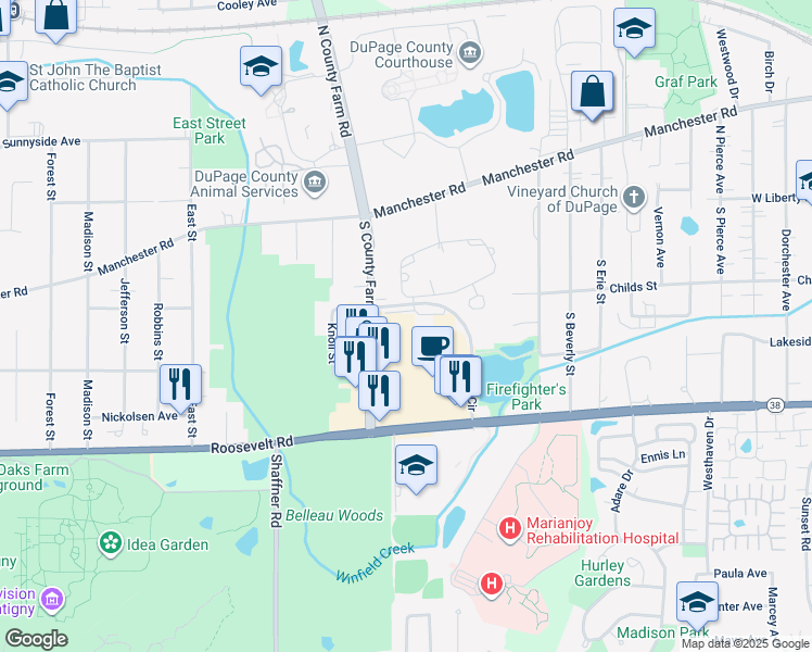 map of restaurants, bars, coffee shops, grocery stores, and more near 401 South County Farm Road in Wheaton