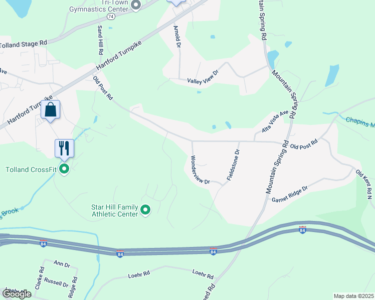 map of restaurants, bars, coffee shops, grocery stores, and more near 16 Wonderview Drive in Tolland