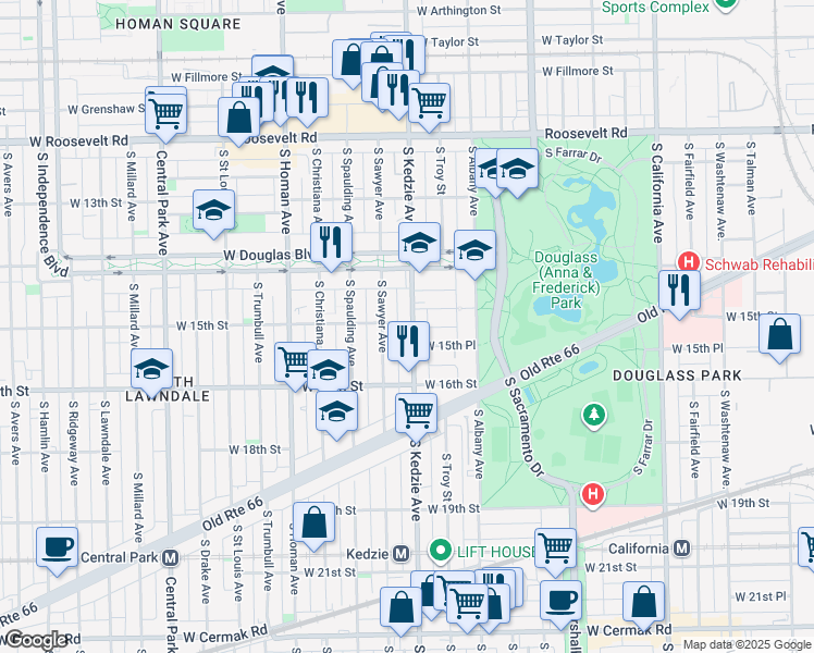 map of restaurants, bars, coffee shops, grocery stores, and more near 1529 South Kedzie Avenue in Chicago
