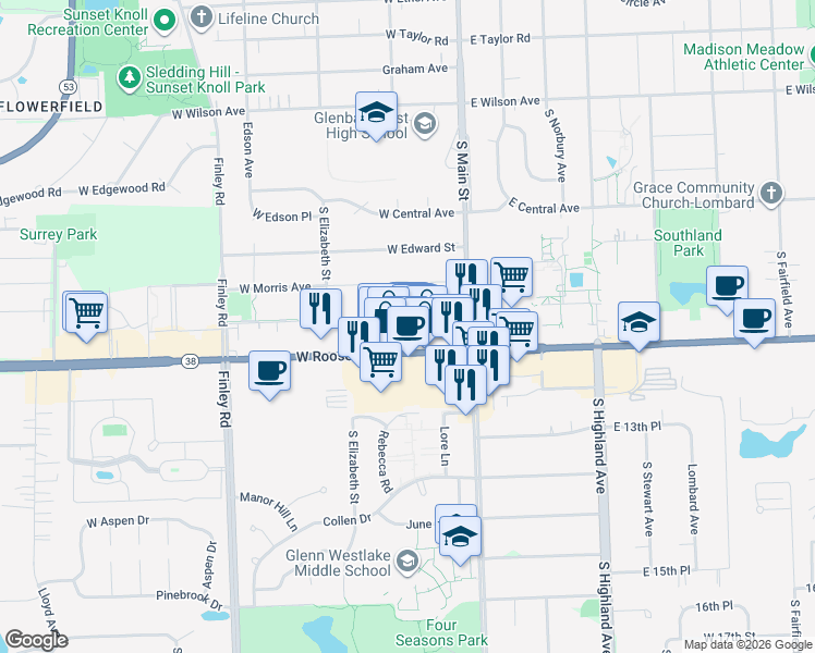 map of restaurants, bars, coffee shops, grocery stores, and more near 54 South Lincoln Street in Lombard