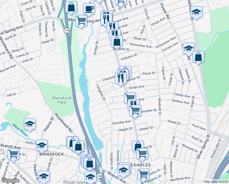map of restaurants, bars, coffee shops, grocery stores, and more near 12 Josephine Street in North Providence