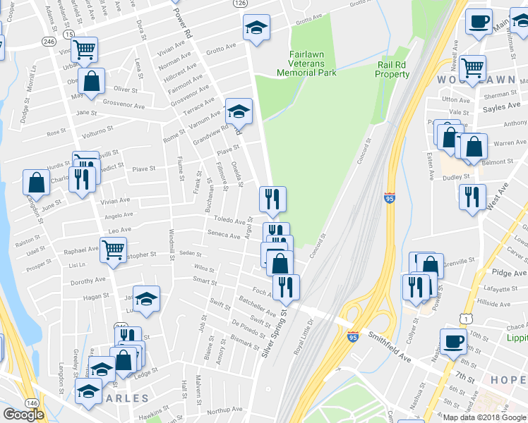 map of restaurants, bars, coffee shops, grocery stores, and more near in Pawtucket