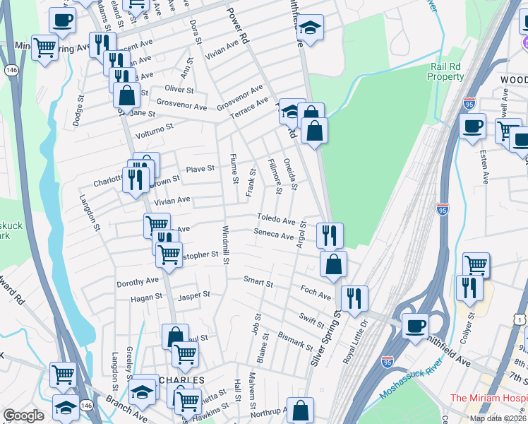 map of restaurants, bars, coffee shops, grocery stores, and more near 134 Toledo Avenue in Pawtucket