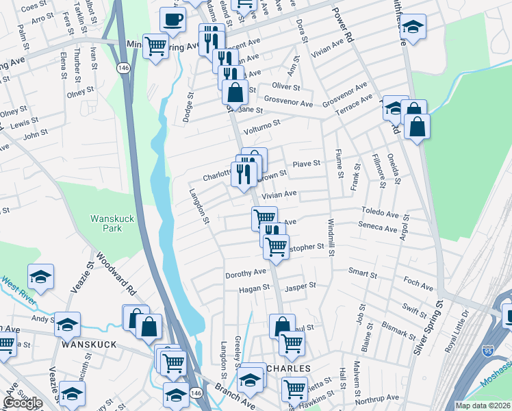 map of restaurants, bars, coffee shops, grocery stores, and more near 868 Charles Street in North Providence