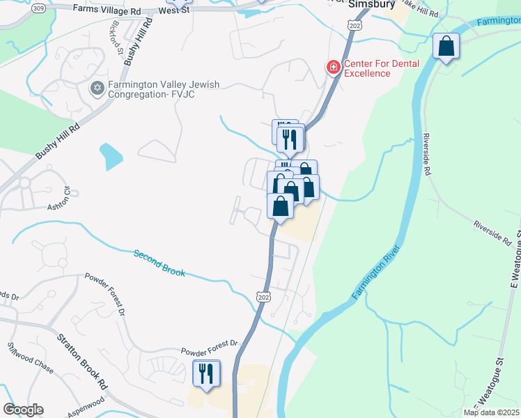 map of restaurants, bars, coffee shops, grocery stores, and more near 10 Wiggins Farm Drive in Simsbury