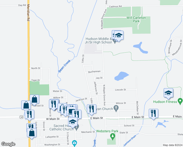 map of restaurants, bars, coffee shops, grocery stores, and more near 500 Jefferson Street in Hudson