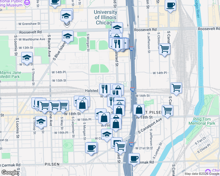 map of restaurants, bars, coffee shops, grocery stores, and more near in Chicago