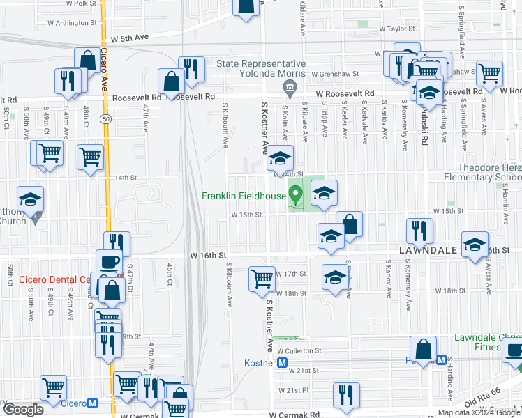 map of restaurants, bars, coffee shops, grocery stores, and more near 1500 South Kostner Avenue in Chicago