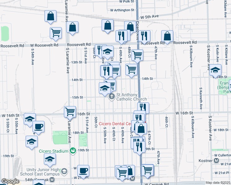 map of restaurants, bars, coffee shops, grocery stores, and more near 1444 South 49th Court in Cicero