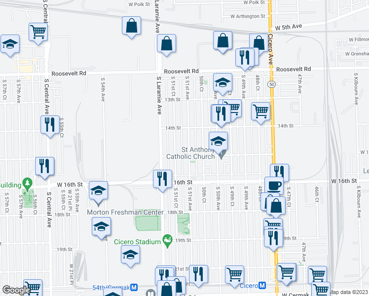 map of restaurants, bars, coffee shops, grocery stores, and more near 1443 South 51st Court in Cicero