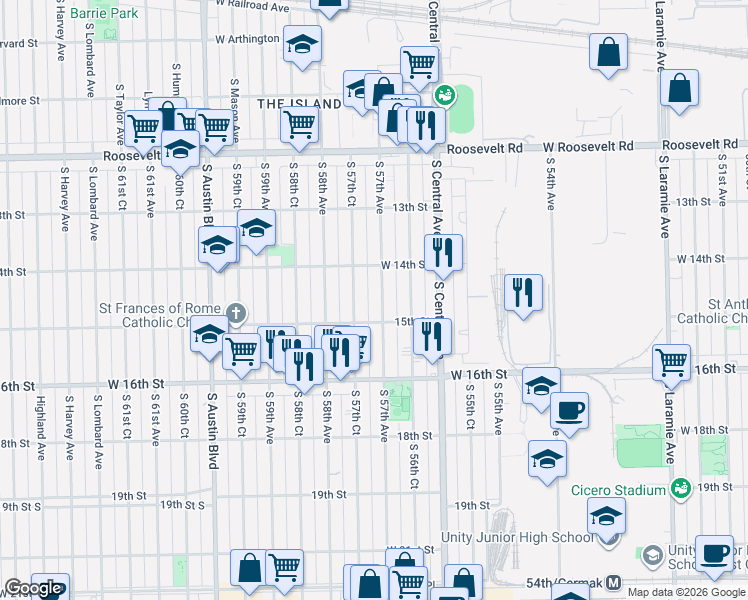 map of restaurants, bars, coffee shops, grocery stores, and more near 1433 South 57th Avenue in Cicero