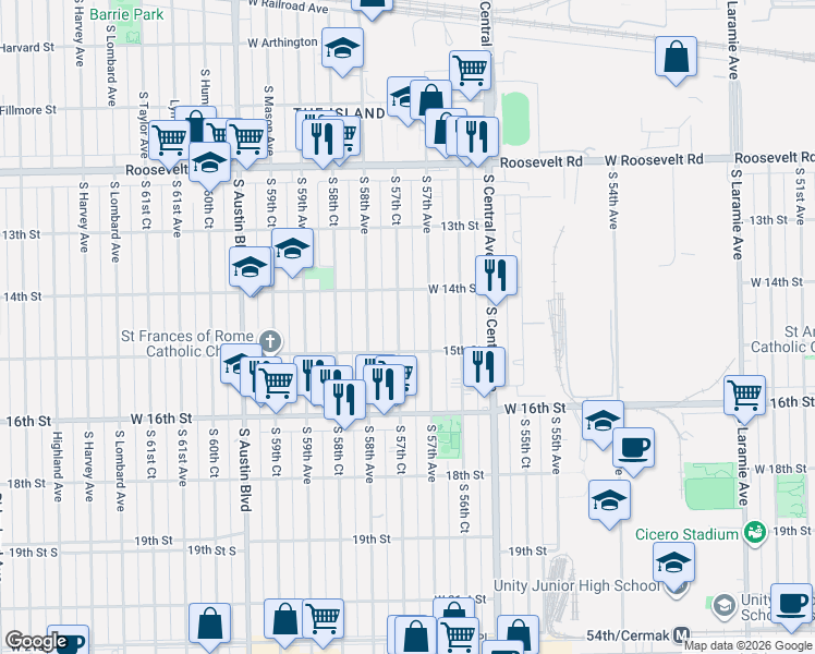 map of restaurants, bars, coffee shops, grocery stores, and more near 1430 South 57th Court in Cicero
